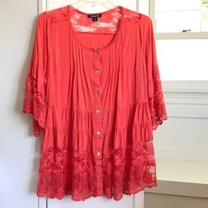 ROAMANS Plus Size 1X Tunic Lace Embroidered Blouse Coral Pink Plus 14W 1X EUC